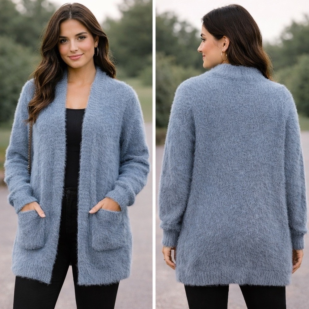 Davi & Dani Dusty Blue Fuzzy Eyelash Knit Open Front Cardigan with Pockets - Picture 2 of 6